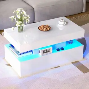 Modern Coffee Table with LED Lighting and Storage Compartments for Living Room Decor _ Mid Century