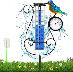 Outdoor Rain Gauge, Large Color Digital Rain Gauge with Metal Hummingbird and Temperature & Hygrometer