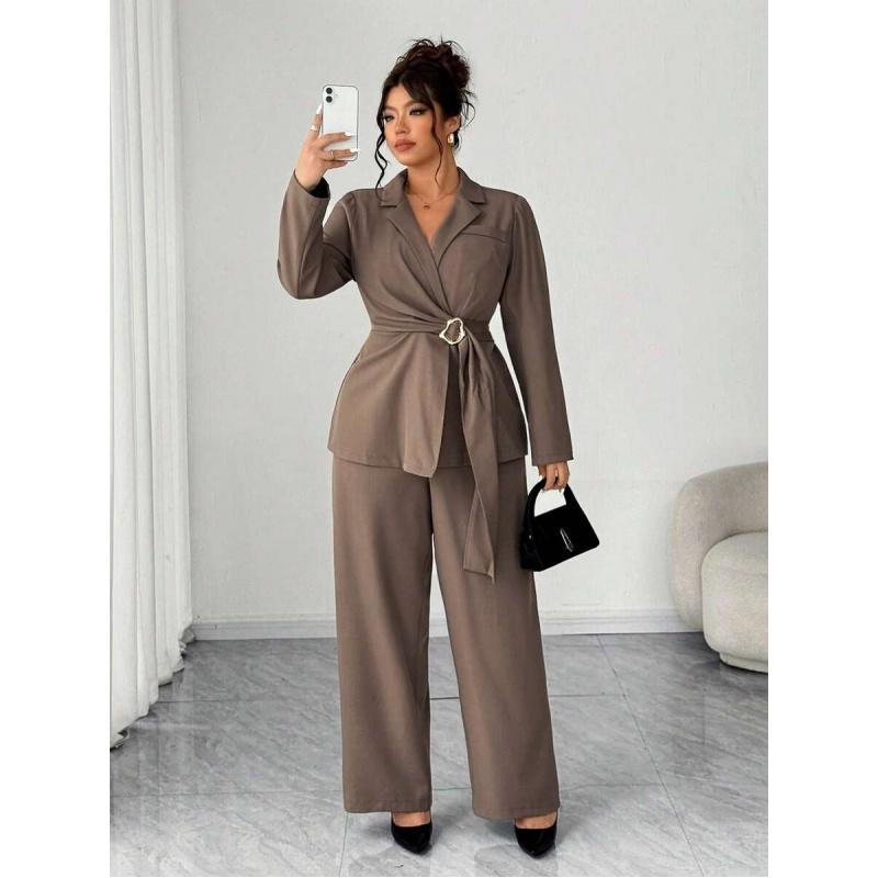 Plus Size Women Metal Decor Business Suit Set, Elegant For Commuting, Autumn