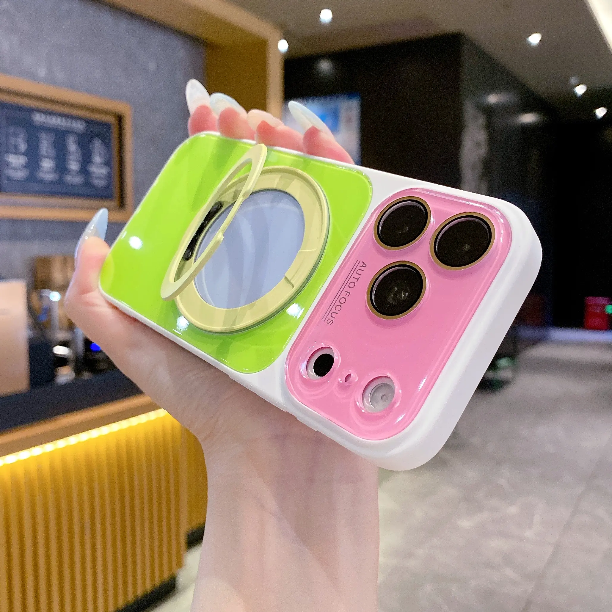 Magnetic Kickstand Phone Case for iPhone 17/16/15/14/13 Pro Max, Dopamine Color Block Candy Glossy Case, 360° Rotating Ring Stand, Shockproof Protective Cover with Camera Lens Protector