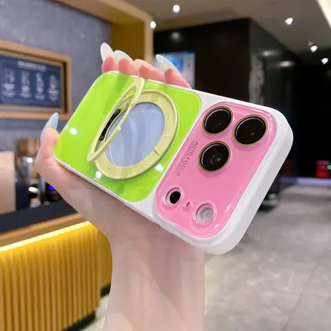 Dopamine Color Block Glossy Plastic Smartphone Case for iPhone Series 13-18 Pro Max, Magnetic 360° Rotating Ring Kickstand, Shockproof Protective Casing with Camera Lens Protection, Mobile Accessory Cover