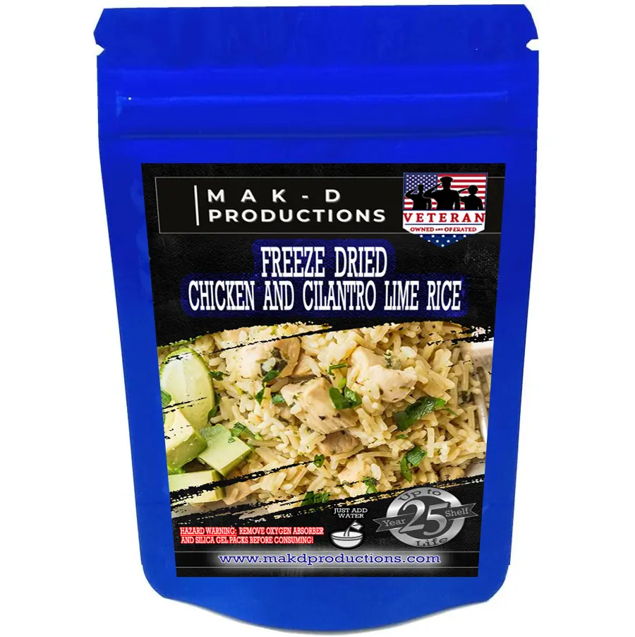 MAK D Productions - Freeze Dried Meal  - Chicken - Rice - Chicken And Cilantro Lime Rice - Gourmet Recipes by a Sullivan University (Louisville, Kentucky) Culinary Chef Graduate - NEVER BLAND TASTING - MADE IN THE USA