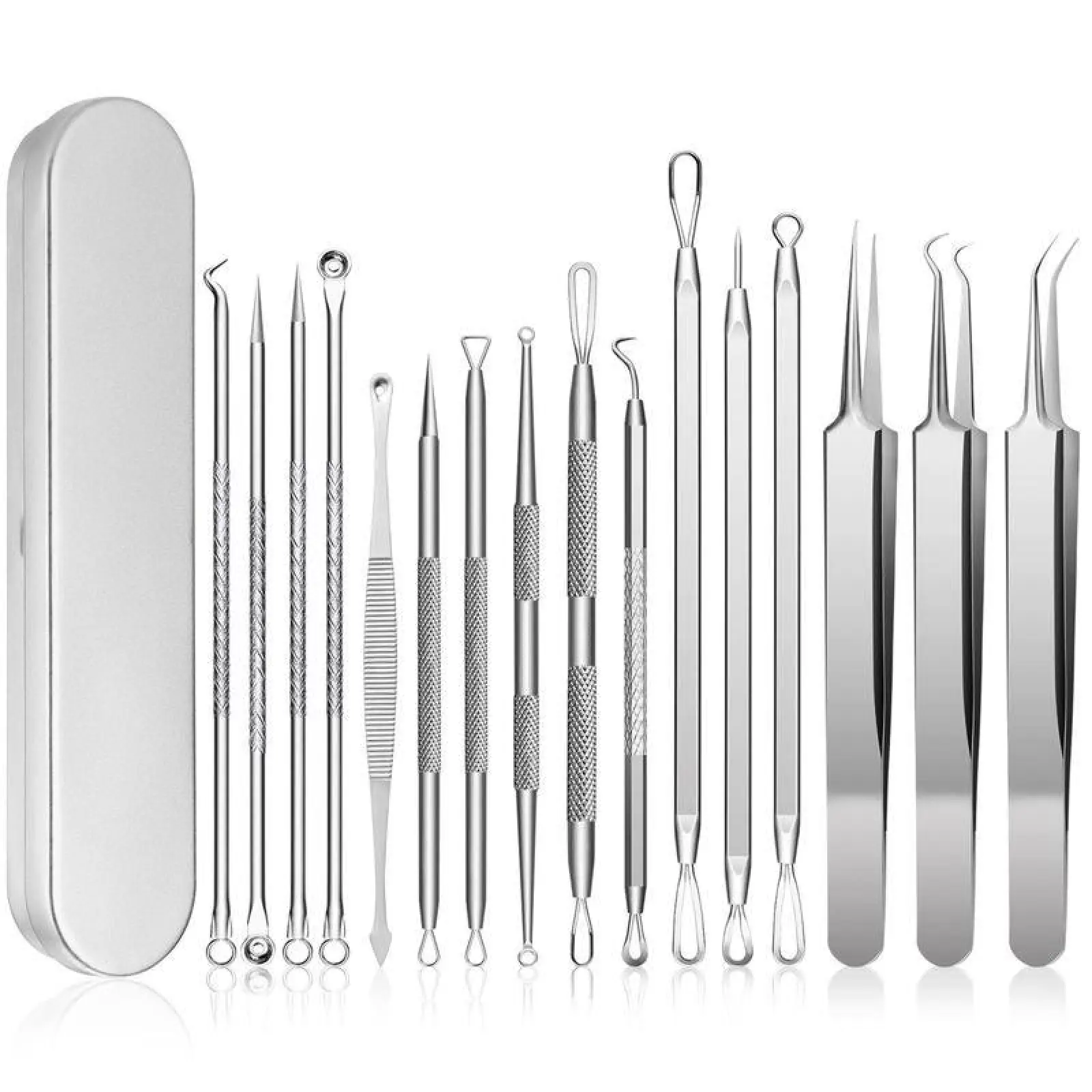 16pcs-Silver Facial Care Tools Set, 410 Premium Professional Stainless Steel Pimple Popper Kit with Pore Tweezers for Blemish, Acne, Blackhead Removal, Includes Metal Storage Box