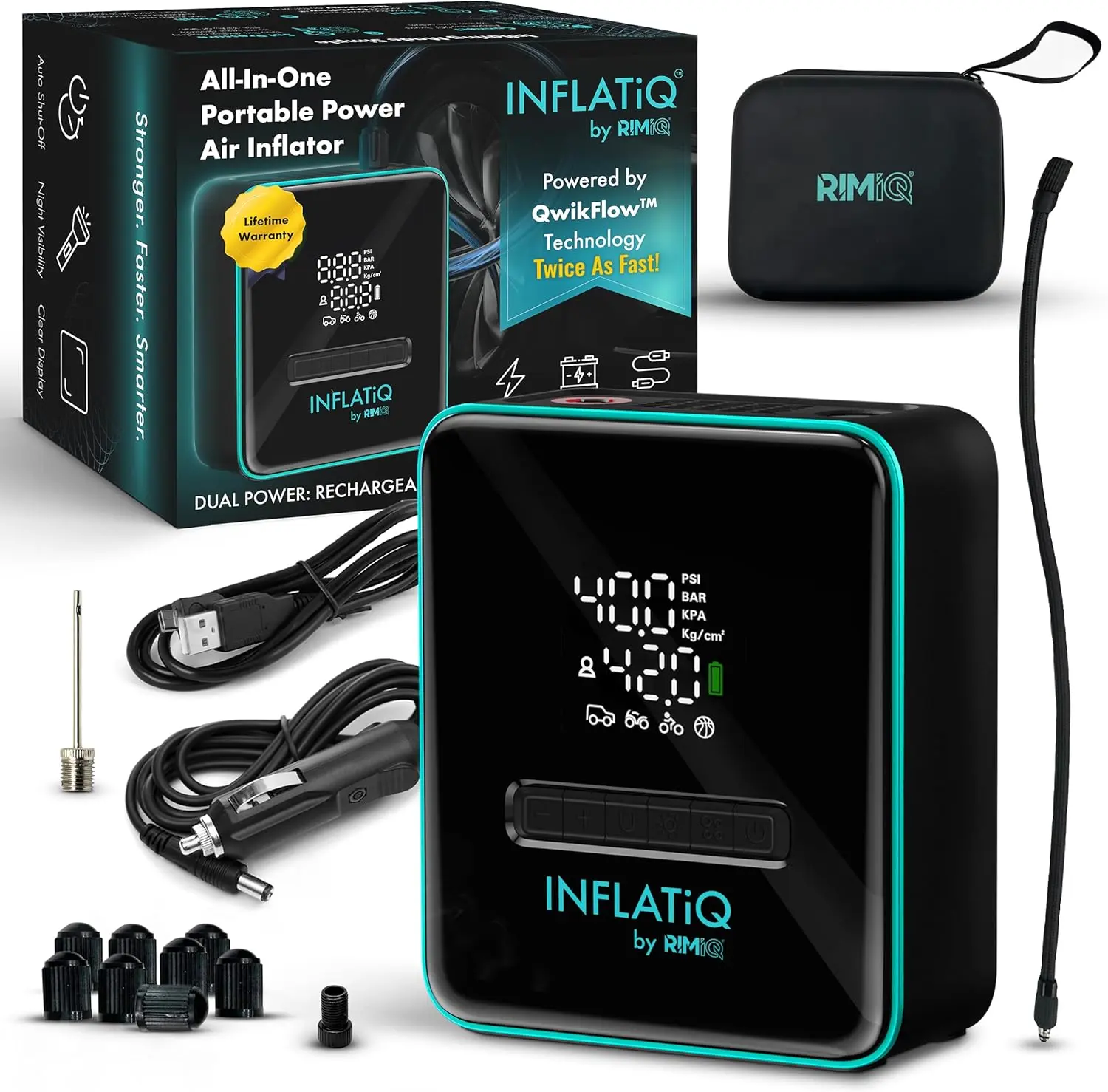Portable Tire Inflator for Cars by RIMiQ INFLATiQ - Fast Air Compressor Pump for SUVs, Trucks, Bikes, and Sports Balls - Roadside Emergency Tire Pump with Award Winning QWIKFLOW Technology