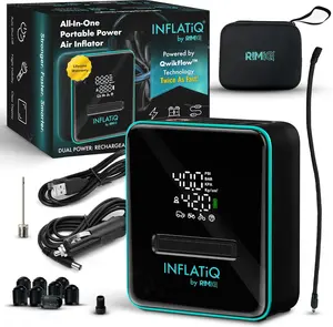 INFLATiQ by RIMiQ Tire Inflator - Powerful, Award-Winning QWIKFLOW Technology with 2 Portable Power Options Included - Strong Vehicle Air Pump for Trucks, Cars, Motorcycles, Bicycles, Balls and More