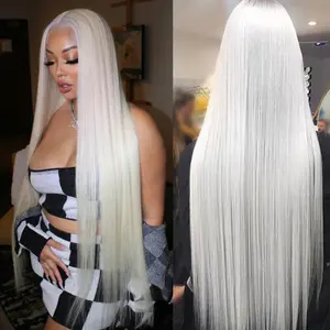 QD-Tizer Platinum BLonde Wigs For Women 13*4 Synthetic Lace Front Wig Platinum White Long Straight Hair Wig Free Part HD Lace Glueless Pre Plucked Wig Heat Resistant Daily Party Use Halloween Wig