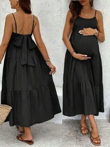 Maternity Cami Dress Solid Color Bowknot Decor Cute Comfortable
