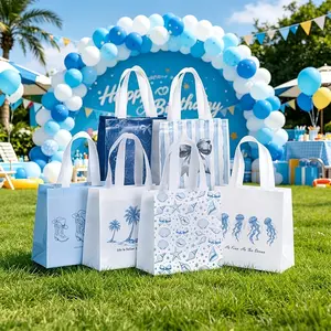 12pcs/24pcs Blue Theme Beach Bowknot Non-Woven Pouches, Ocean Star Shell Print Gift Bags, Summer Party Birthday Travel Gifts