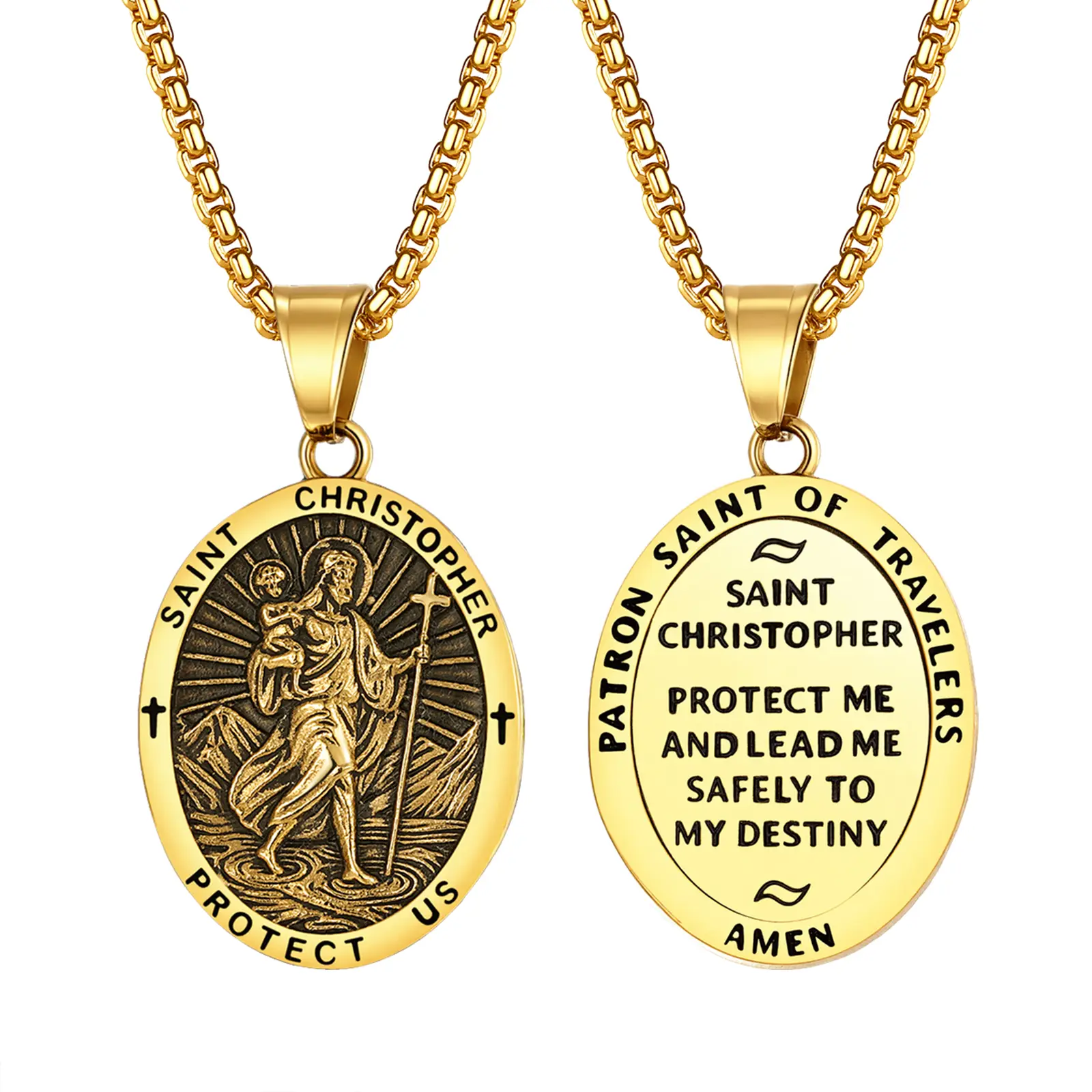 OIDEA Two Tone Gold Silver St Christopher Medal Necklace for Men Stainless Steel Patron Saint Catholic Religious Protection Travel Amulet Pendant