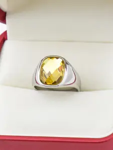 Men's Vintage Cushion Cut Gemstone Ring, Polished Stainless Steel Statement Jewelry