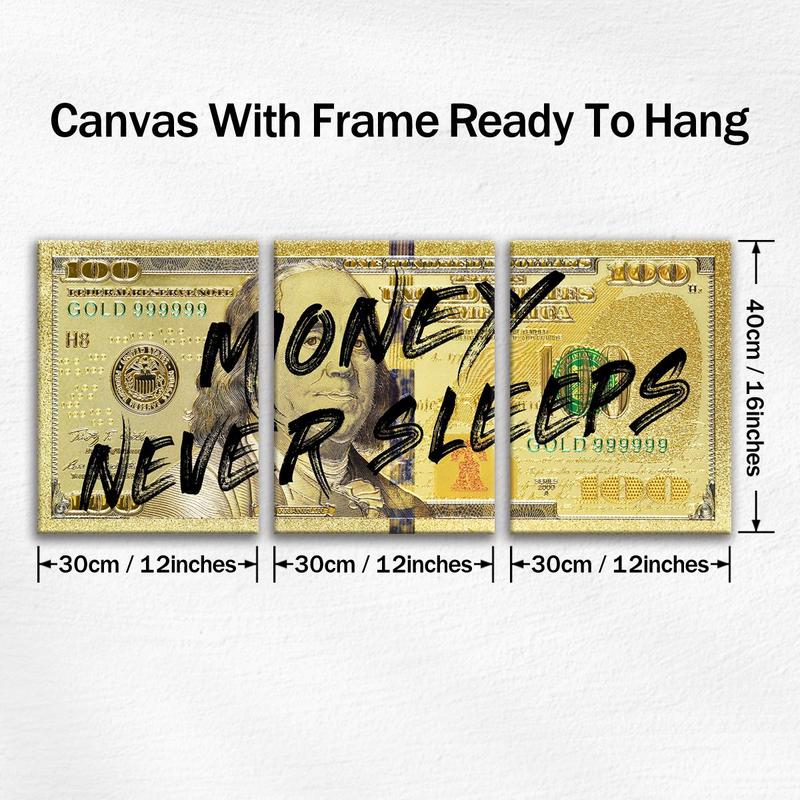 Money Never Sleeps Theme Wooden Framed Canvas Painting, 3 Counts Modern Art Fashion Decoration, Modern Art Design, Wall Art for Home Living Room Bedroom Office, Poster