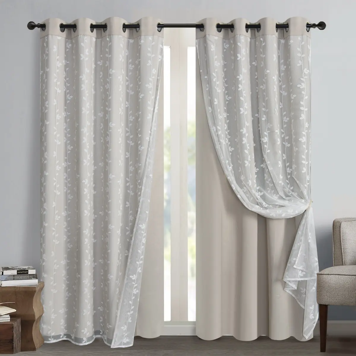 2-piece double-layer knitted wicker curtains, durable, heat-insulating, sound-insulating, thickened, cold-resistant, with metal rings, suitable for living rooms and bedrooms