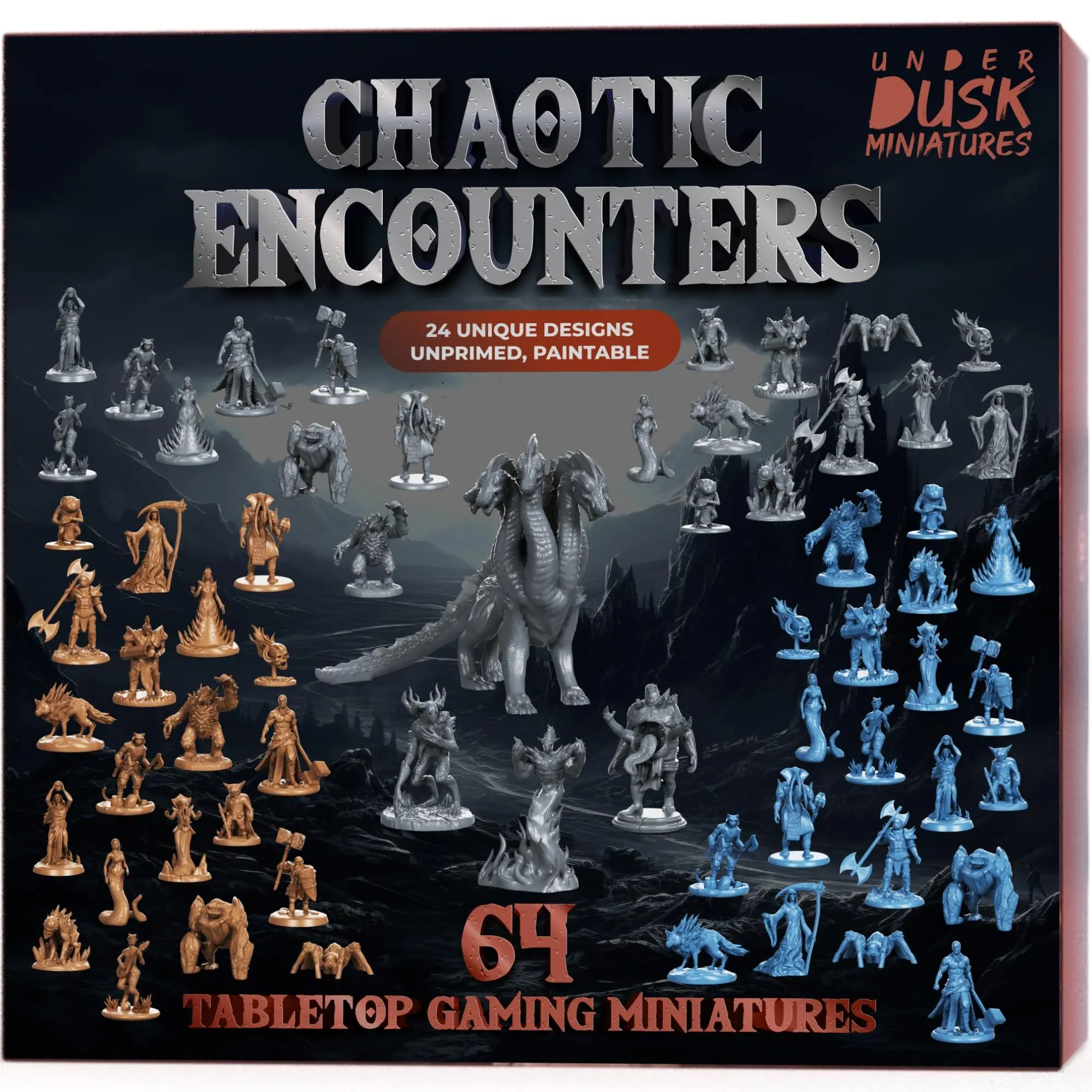 Underdusk: Chaotic Encounters - 64 Unpainted Tabletop Miniatures for D&D, Pathfinder & RPGs | Monster Figures Starter Pack with Stat Blocks