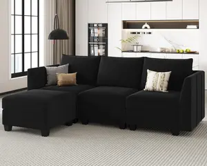 Convertible Sectional Sofa with Chaise Velvet L Shaped Sofa Couch Modular Sectional Sofa with Storage Black