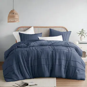 Navy Full Size Comforter - 3 Pintuck Pleated, Lightweight, Extra Pre-Washed Microfiber, Shams