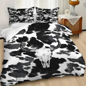 2/3Pcs White Bull Skull Print Decorative Duvet Cover Set, Bold Cowhide Pattern Bedding Set, Stylish and Graphic Design, High Contrast Black and White Elements, Perfect for Modern Bedroom Decor, Includes 1 or 2 Pillowcase - No filling/Zipper Closure