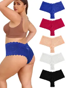 5-Pack Plus Size Women's Sexy Lace Mid-Waist Soft Stretch Elastic Knit Underwear, Comfortable Breathable Triangle Panties, Stylish and Cozy Everyday Wear