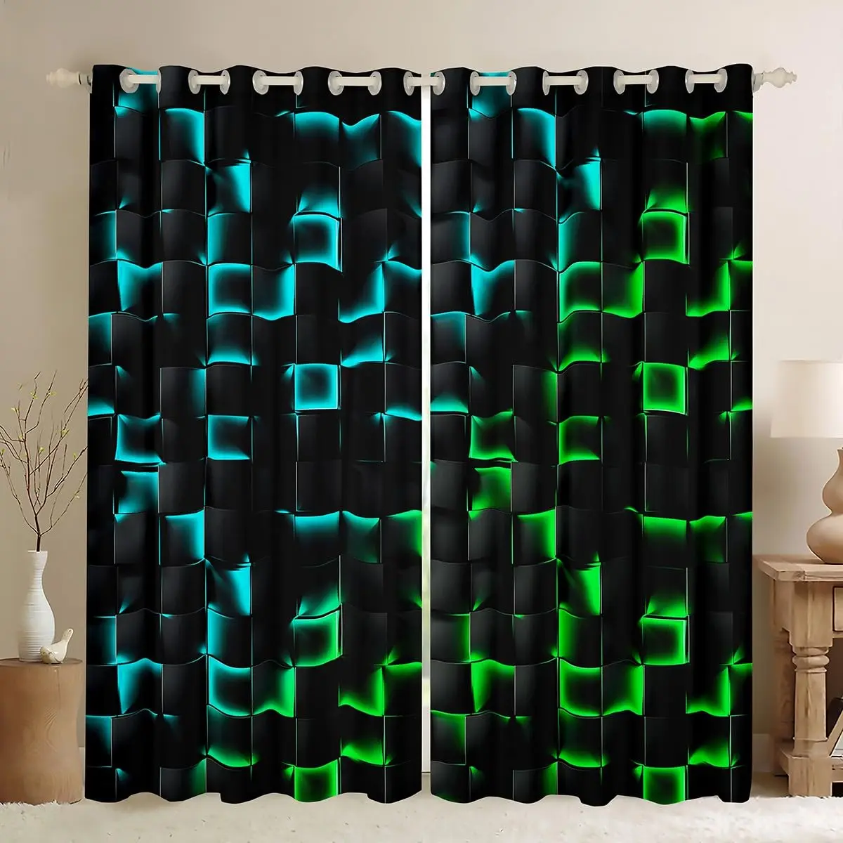 Lightweight Geometric Pattern Curtain Panels, Home Decoration Curtain, Modern Window Decor for Bedroom and Living Room, Polyester Half-Transparent Rod Pocket Drapes