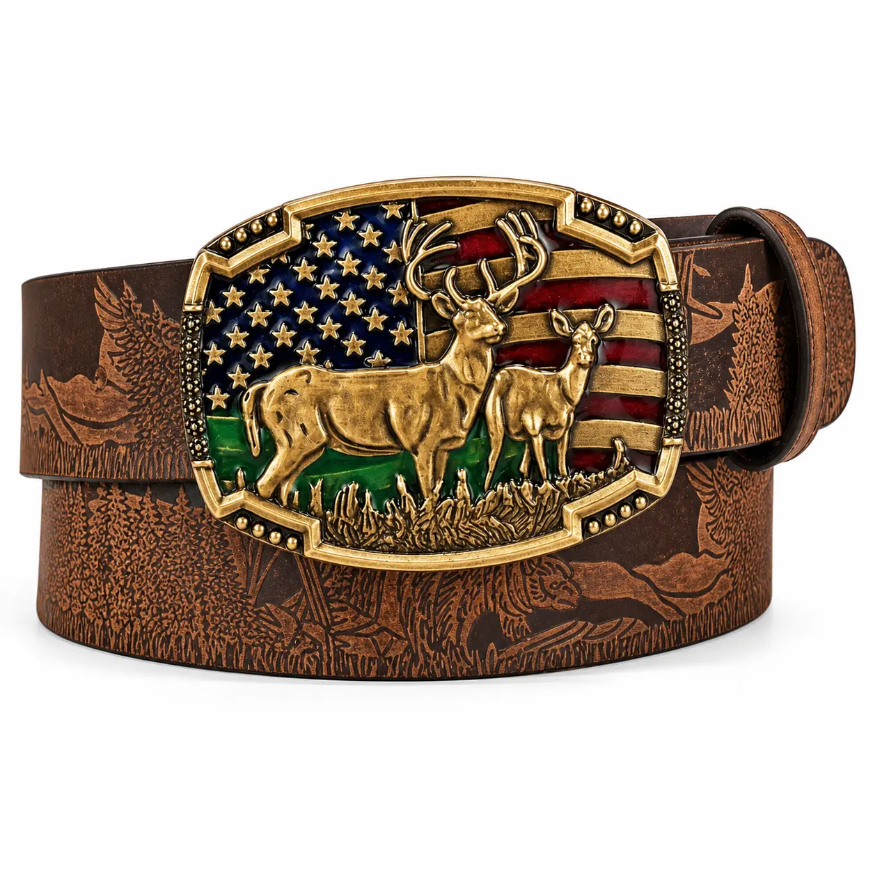 Men's Western Belt, Brown PU Leather Strap with Floral Engraving and an Ornate Bull Buckle for Jeans, Cow Hide, Belts, Brown Strap
