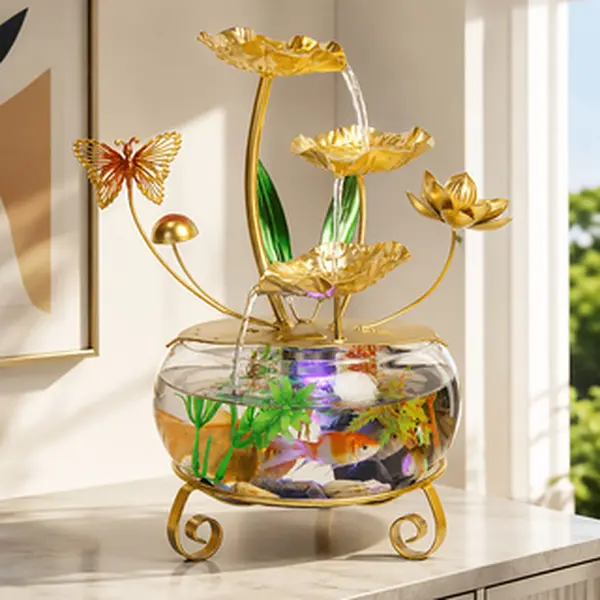 1 USB-powered glass aquarium water flow device, home and office desktop fountain decor, small indoor fountain automatic humidifier for desk decoration, living room and bedroom decor, Zen-inspired indoor room decor for meditation