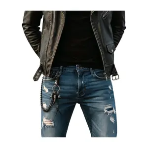 Wallet Chain for Men Heavy Duty Punk Skull Pants Chain with Antique Silver Metal & Black Leather Large Sturdy Links and Horn Skull Charm