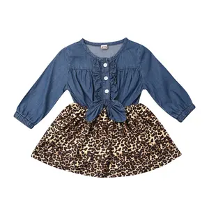 Ma&Baby Toddler Baby Girls Leopard Print Dress Infant Long Sleeve Denim T-Shirt Tops Stitching A-Line Ruffled Pleated Skirt