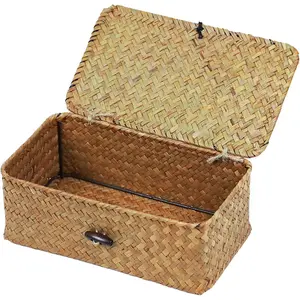 Wicker Storage Basket with Lid, Natural Seagrass Storage Baskets for Organizing, Rectangular Woven Basket for Storage, Decorative Boxes Bins with Lids Home Organizer Decor