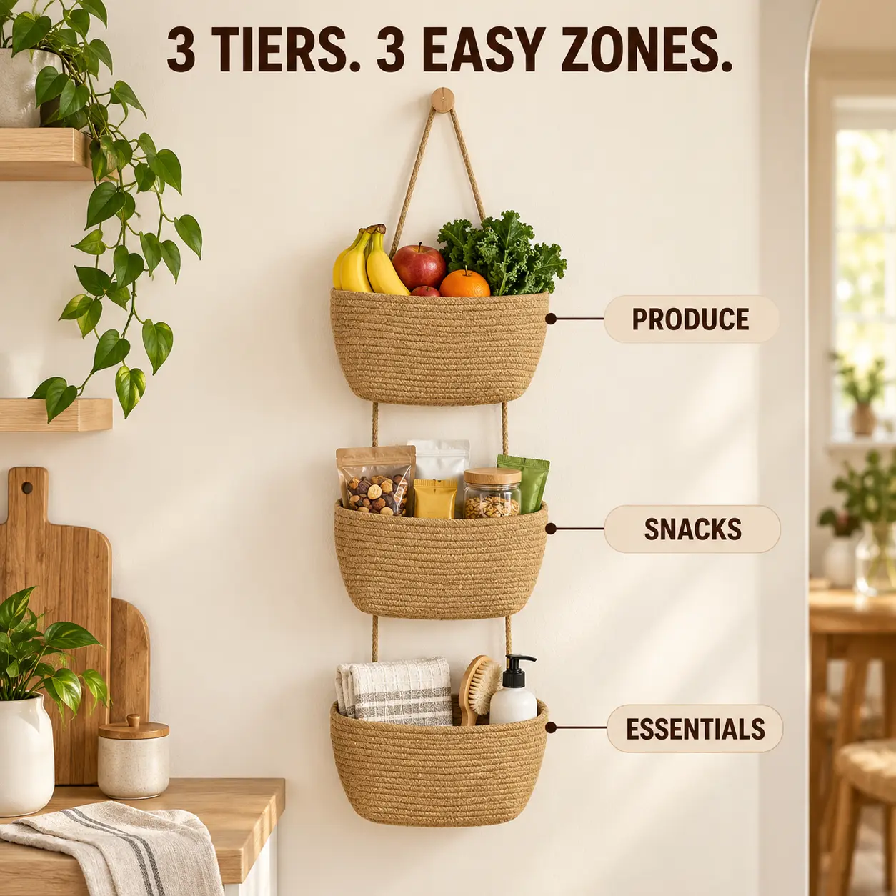 3-Tier Hangable Natural Fiber Storage Basket, Home Organiser for Space Organizing and Decluttering