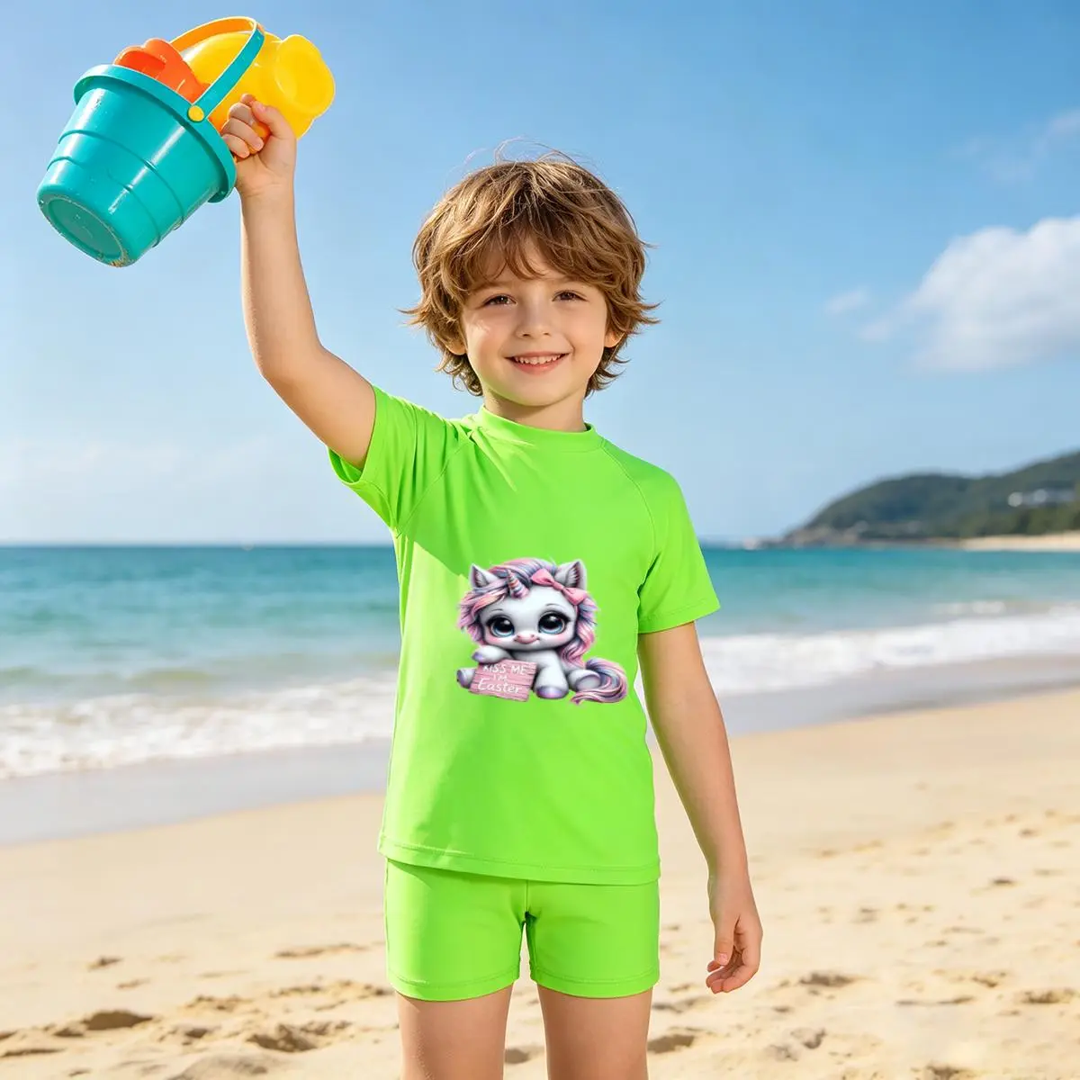 Kids' Cartoon Pink-Haired Unicorn Quick-Dry Swimsuit Set - Short-Sleeve Sun Protection Top, Stretchy Breathable Swim Shorts | Girls' Summer Beachwear