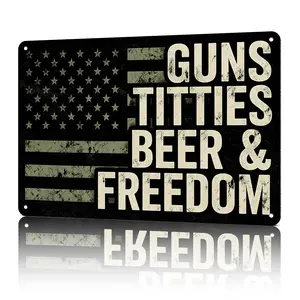 8x12 Inch Aluminum Metal Novelty Western-Themed Home Sign - Guns, Titties, Beer & Freedom American Flag Funny Patriotic Wall Decor for Man Cave, Garage - Retro Tin Gift for Gun Enthusiasts, Novelty Home Signs, Western-Themed Home Signs