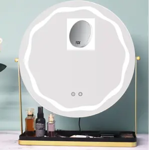 Round Makeup Mirror with Lights, LED Makeup Mirror with Removable Storage Case, Smart Touch Control, Tri-Colour Dimmable, 360° Swivel, Suitable for Desktop, Bedroom, Easy Assembly