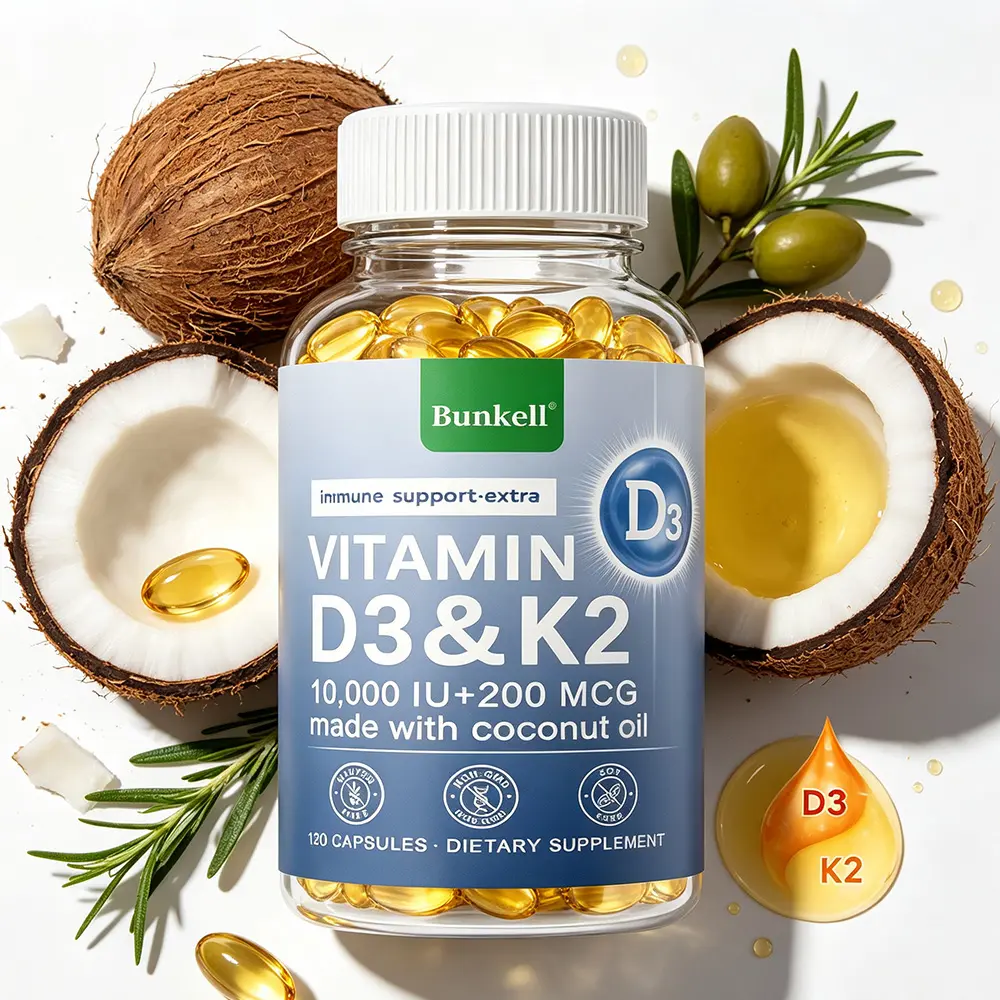 Bunkell Vitamin D3 & K2 Softgels, 10,000 IU D3 + 200 mcg K2, Coconut Oil-Based, Immune Support & Bone Health Supplement (120 Count)
