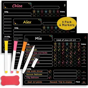 Award-Winning Black  Chore Charts for  - 3 Pack Dry Erase Responsibility & Behavior Charts for Multiple  -  Chart for  -  Chore Boards with Markers