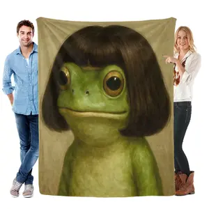 Whimsical Frog Portrait Canvas Throw Blanket  Funny Animal Room Art Bob Throw Haircut Frog Meme Art Quirky Green Aesthetic Home Decor Unique Gift Blankets