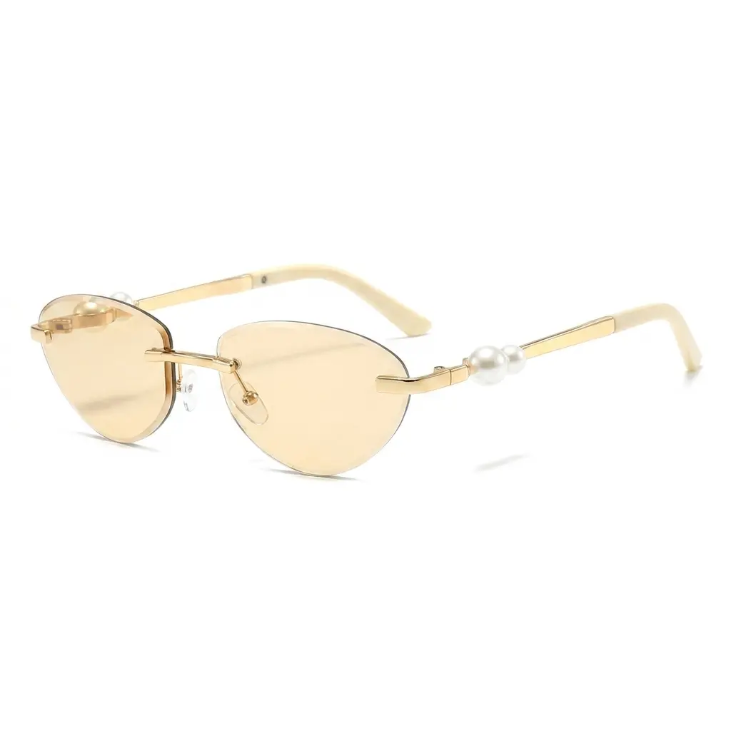 Rimless Sunglasses for Women, Gold Frame with Pearl Accents, Light Tea Tinted Lens, UV Protection Fashion Shades for Beach, Travel, Shopping and Outdoor Activities