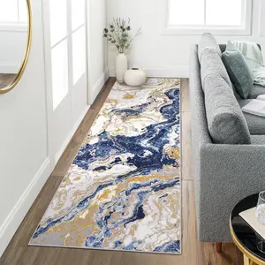 GARVEE - Modern washable marble rug, abstract marble design, non-slip, 2 x 6 feet, blue