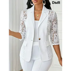 DMR Stylish Contrast Lace Open Front 3/4 Sleeve Blazer - Perfect for Spring & Fall, Casual Chic Women's Clothing with Elegant Lace Details and Comfortable Fit - Ideal for Daily Wear, Work, or Special Occasions