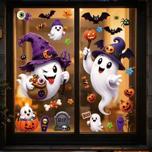 Halloween Cute Ghost Window Decals, Pumpkin Candy Bat Crow, Cartoon Festival Decoration, Indoor & Outdoor Glass Stickers, 2 Sheets/set