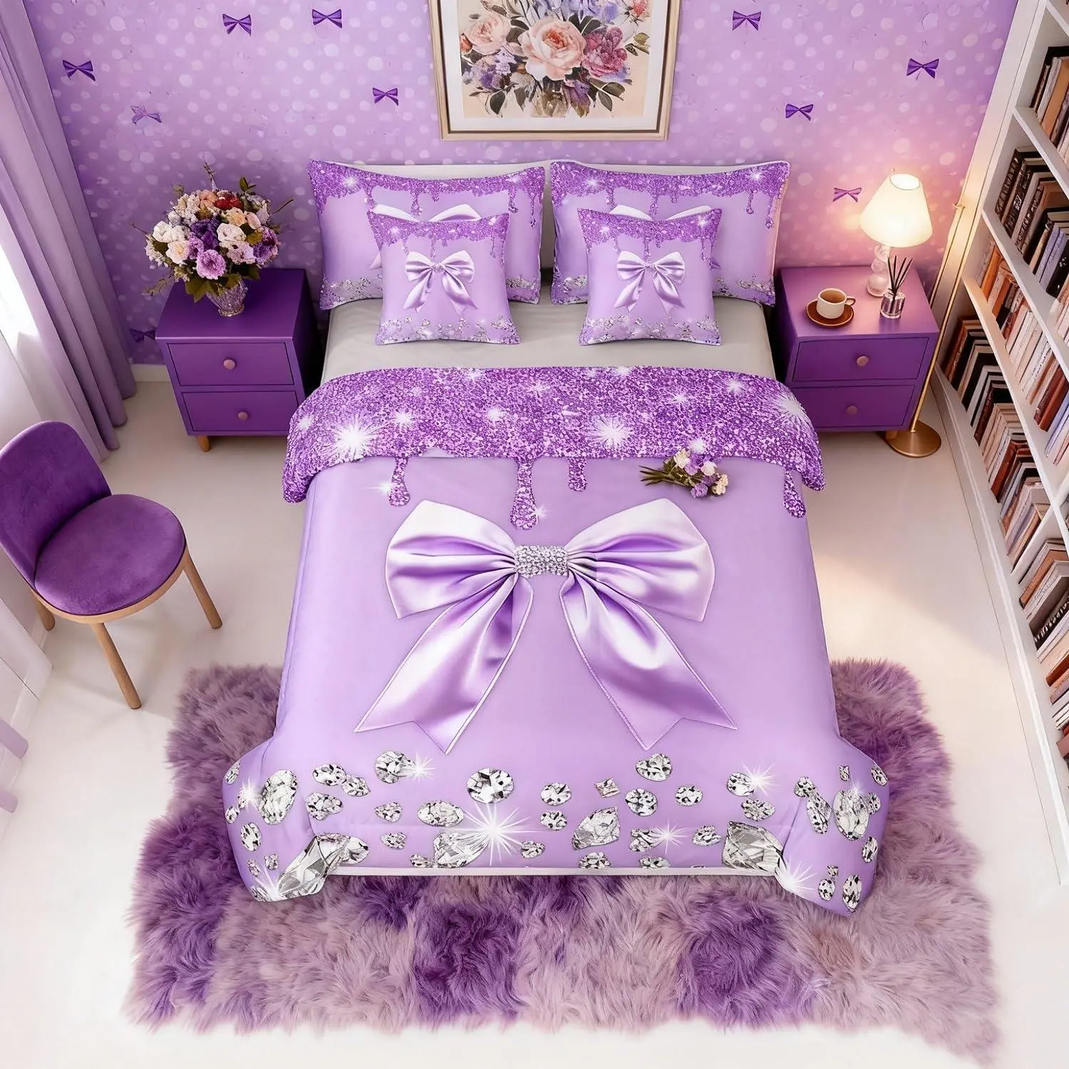 Feelyou 7-Piece Unique Breathable Microfiber Bedding Quilt Set - Glitter Sequins Lavender Comforter, Cute Ribbon Bowknot Accent, Bedsheet Sets, Bed Bag, King & Multi-Size Options for Girly Bedrooms, Machine Washable Decorative Pick