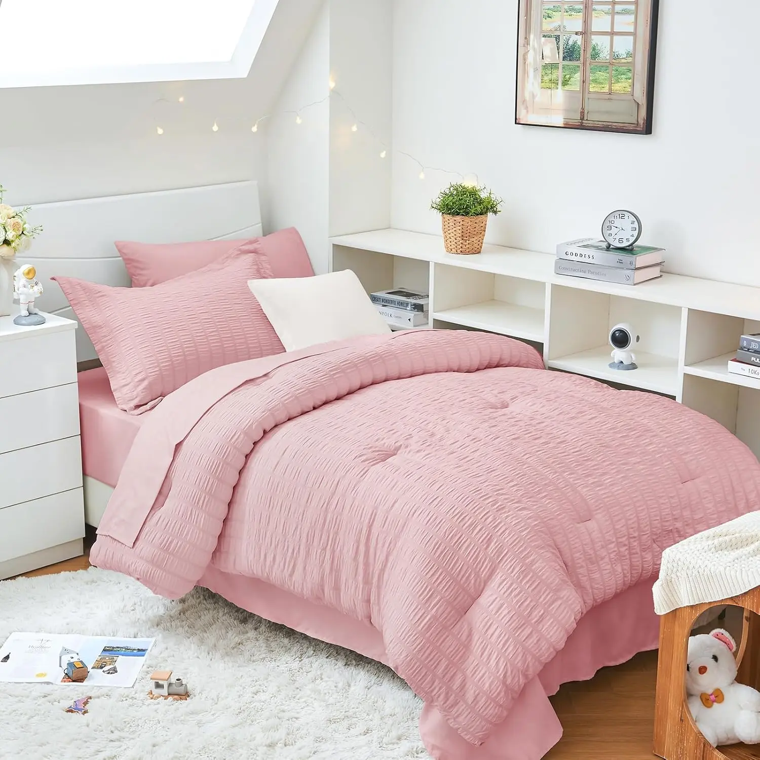 03-Blush Pink Striped Pleated Seersucker Twin XL Microfibre Comforter Set - Soft, Wrinkle-Resistant, Durable, All-Season, Machine-Washable, Includes Comforter & Pillowcase Sham for Bedroom Use (Queen Size Option Available), Stripes