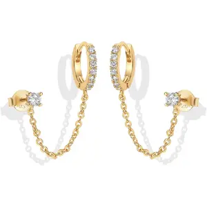 Women's 14K Gold Earring Stacking Set, Double Piercing Dangle Chain Huggie Hoops, Cubic Zirconia Pearl Stud Ear Cuffs