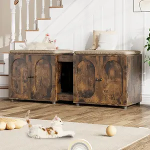 【GARVEE】Cat Litter Box Enclosure 55.1" Double Litter Box Furniture Large Cat Box Enclosure Kitty Litter Box for 2 Cats Hidden Cat Litter Cabinet Double Cage with Cat Litter pad Rattan Door