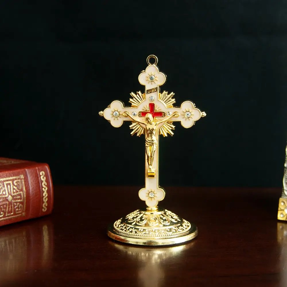 Metal Jesus Cross Desktop Crucifix Catholic Table Cross Christian Prayer Jerusalem Religious Home Decor Cross Decorations 3.7 Inch