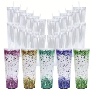 24oz Clear Plastic Cup Reusable Snow Globe Acrylic Tumbler With Pre-drilled Hole And Plug Good Quality For Water Juice