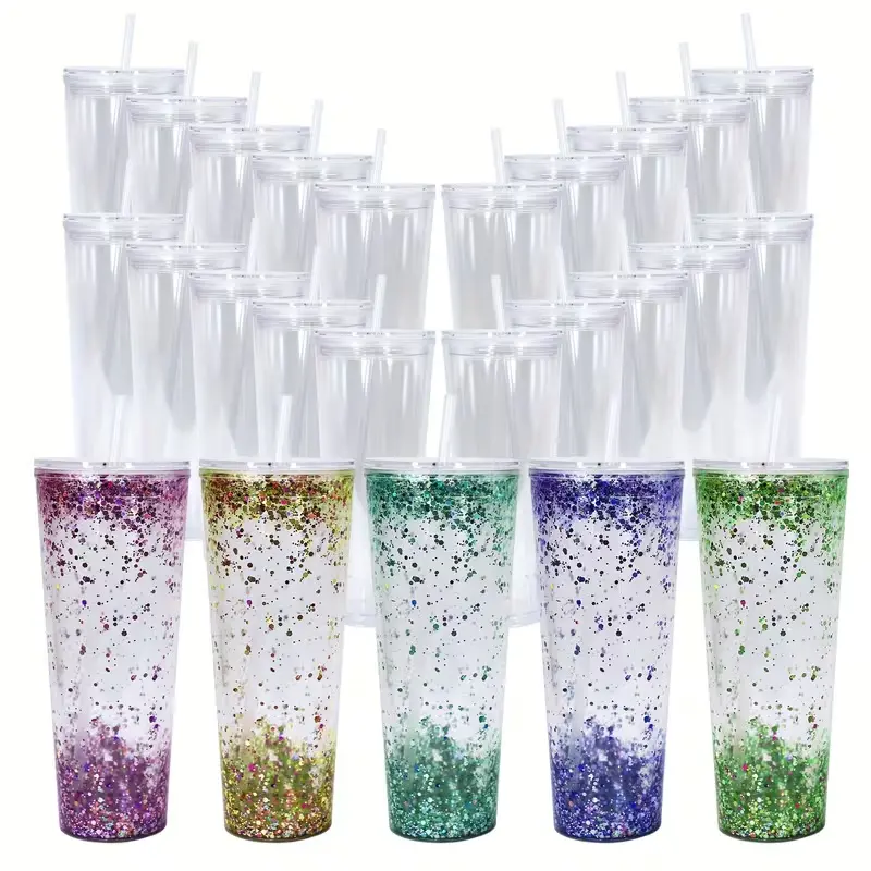 24oz Clear Plastic Cup Reusable Snow Globe Acrylic Tumbler With Pre-drilled Hole And Plug Good Quality For Water Juice