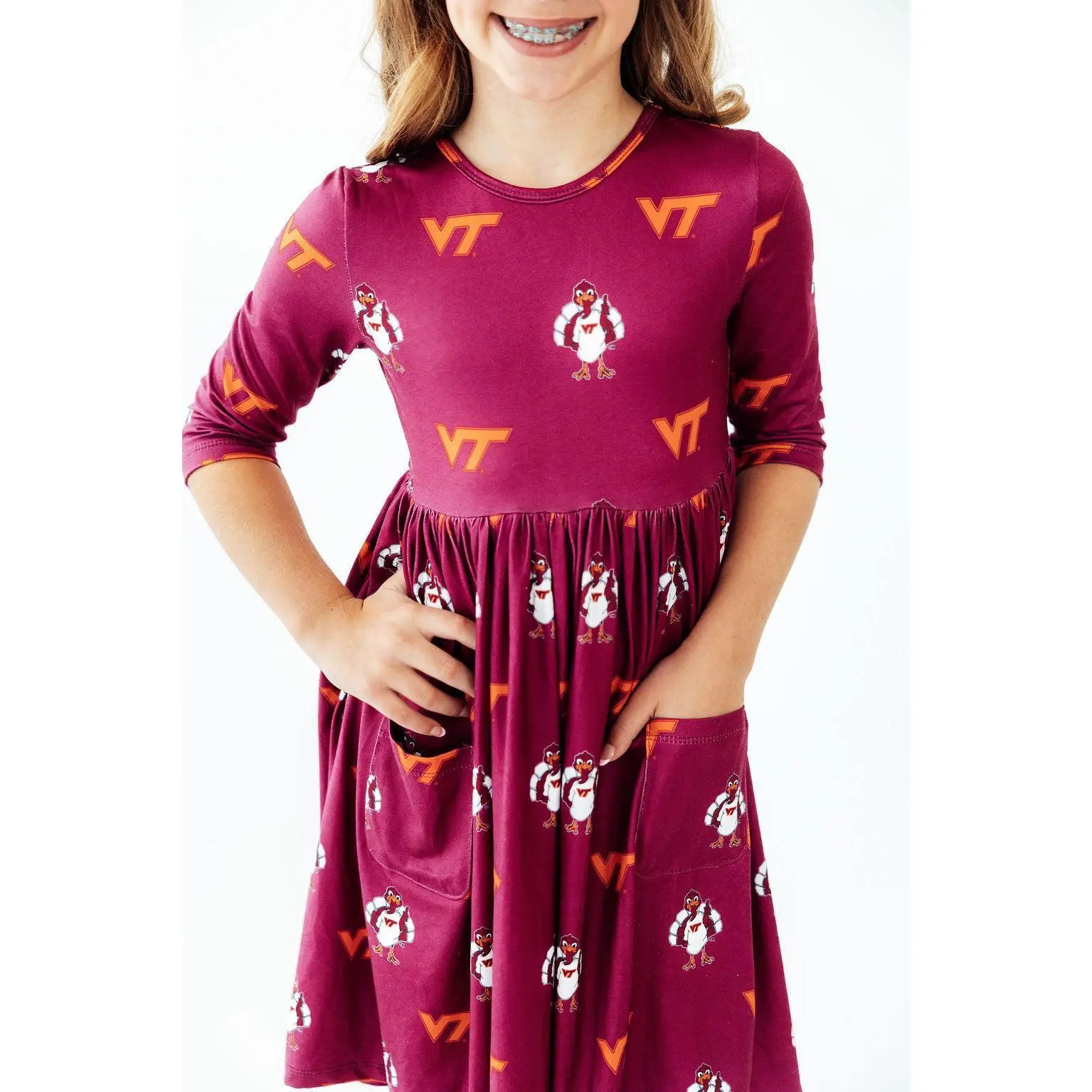 Virginia Tech Maroon Hokie 3/4 Sleeve Pocket Twirl Dress