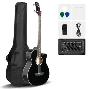44.5in 4-String Electric Acoustic Bass Guitar Black with 4-Band EQ & Accessories USB Audio Interface Basswood Body Rosewood Fingerboard Maple Neck Complete Starter Kit