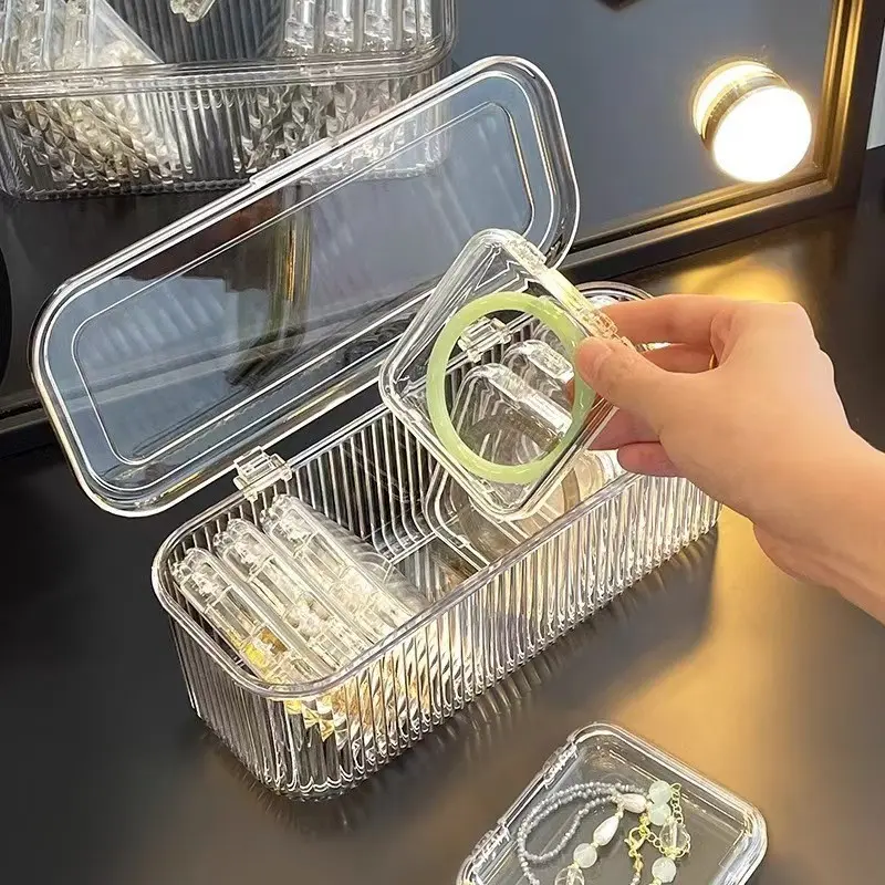 Transparent Striped Flip-Top Cosmetic Storage Box, Stackable Makeup Brush Organizer, Easy Access Lipstick Holder, Fashion Bathroom Organizer, Cosmetics Storage Box
