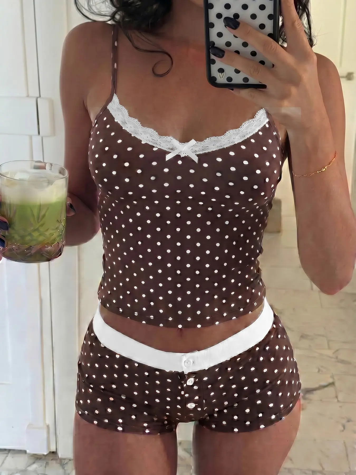 Coquette Aesthetic Brown Polka Dot Lace Trim Bow Spaghetti Strap Cami & Boxer Shorts Printed Loungewear Pajama Set for Women, Lingerie Lace Sleepwear, Nightwear, Slim Fit Stretchy Comfy Fabric Homewear