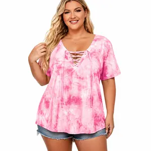 ROSRISS Women's Plus Size Rayon T-Shirt - Short-Sleeve, Tie-Dye, V-Neck, Lace-Up Front Tunic with Belt, Soft Light Comfortable Top for Summer Outdoor Fun, XL-5XL 0187